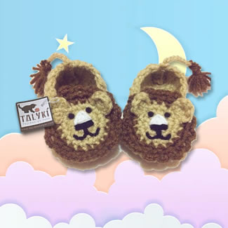 Zapatos de león. Babuchas tejidas a mano. Babuchas en lana. Pantuflas tejidas. Babuchas de animales. Talykí Taller de Tejidos y diseño textil